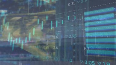 Financial data and graphs being generated digitally over a cityscape. Global business digitally generated video.