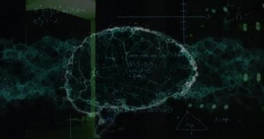 Animation of mathematical equations and digital brain over server room. Global technology, online security and digital interface concept digitally generated video.