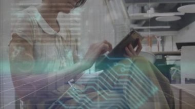 Animation of data processing and network of connections over caucasian businesswoman in office. Global business and digital nterface concept, digitally generated video.