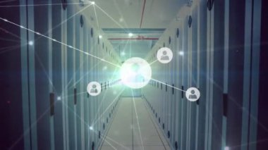 Animation of network of connections over server room. Global business and digital interface concept digitally generated video.