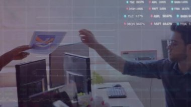 Animation of graphs and trading board over diverse coworkers sharing reports in office. Digital composite, multiple exposure, stock market, teamwork, business, abstract and technology concept.