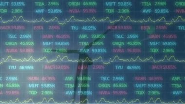 Animation of trading board over low angle view of rotating windmill against clear sky. Digital composite, multiple exposure, stock market, green energy, conservation and technology concept.