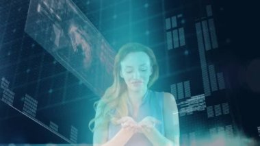 Animation of financial data processing over caucasian businesswoman. Global connections, business, finance, computing and data processing concept digitally generated video.