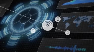 Animation of data processing and network of connections over black background. Global business and digital interface concept digitally generated video.