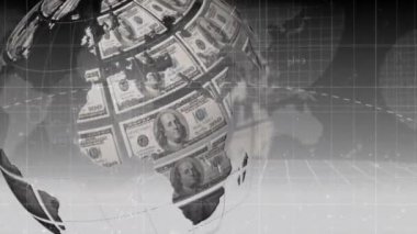 Animation of globe formed with american dollar bills and financial data processing. Global business, finance, computing and data processing concept digitally generated video.