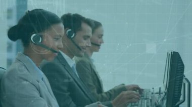 Animation of data processing over business people using phone headsets. Global business, finance, computing and data processing concept digitally generated video.