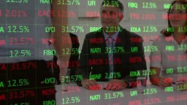 Animation of trading board over diverse managers shaking hands with woman after conducting interview. Digital composite, multiple exposure, stock market, business, abstract and office concept.