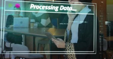Animation of data processing over biracial businesswoman using smartphone and tablet. Global technology, computing and digital interface concept digitally generated video.