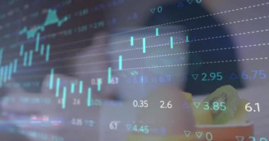 Animation of financial data processing over woman using smartphone. Global business, finance, computing and data processing concept digitally generated video.