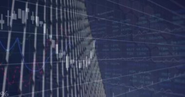 Animation of financial data processing over modern office building. Global business, finance, computing and data processing concept digitally generated video.