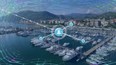 Animation of abstract pattern and connected icons over aerial view of boats parked on dock. Digital composite, multiple exposure, communication, yacht, drone, transportation and technology concept.