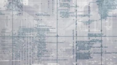 Animation of programming language over grid pattern against server room and city in background. Digital composite, multiple exposure, coding, skyscrapers, technology and network server concept.