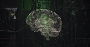 Animation of connections and digital brain over server room. Global technology, online security and digital interface concept digitally generated video.