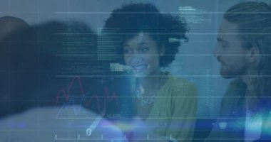 Animation of statistics and financial data processing over diverse business people. Global business, finances, computing and data processing concept digitally generated video.
