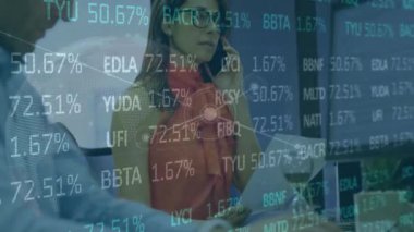 Animation of trading board, connected dots and graphs on caucasian woman talking on cellphone. Digital composite, multiple exposure, office, business, report, stock market and technology concept.