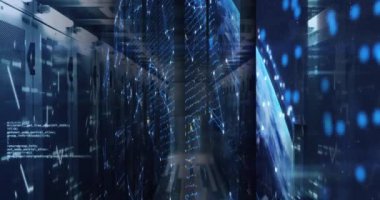 Animation of shapes moving and data processing over server room. Global business and digital interface concept digitally generated video.