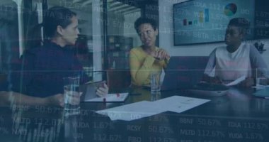 Animation of graphs and trading board over diverse female coworkers discussing report on laptop. Digital composite, multiple exposure, stock market, business, teamwork, office and technology concept.