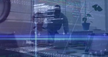 Animation of statistics and financial data processing over business people working in office. Global business, finance, computing and data processing concept digitally generated video.
