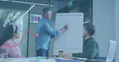 Animation of red line, financial data processing over diverse business people in office. Global business, finance, computing and data processing concept digitally generated video.