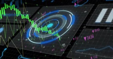 Siyah arkaplan üzerinde veri işleme animasyonu. küresel iş ve dijital arayüz kavramı dijital olarak oluşturulmuş video.