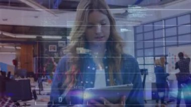 Animation of financial data processing over diverse business people using tablet in office. Global connections, business, finance, computing and data processing concept digitally generated video.