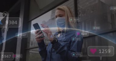 Animation of social media icons with numbers over caucasian woman using smartphone. Global social media, technology and digital interface concept digitally generated video.