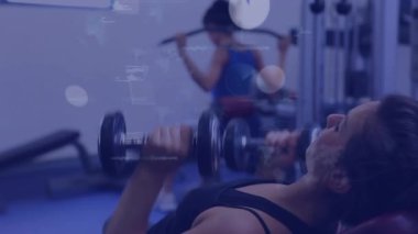 Animation of data processing over woman lifting weights, exercising in gym. Global sports, fitness, computing and data processing concept digitally generated video.
