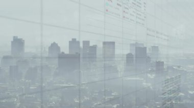 Animation of graphs and trading board against city in background. Digital composite, multiple exposure, stock market, business, report, skyscrapers, investment, abstract and technology concept.