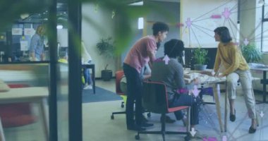 Animation of network of connections over diverse business people discussing work at office. Global business, finances and digital interface concept digitally generated video.