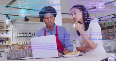 Animation of data processing over diverse workers in shop using laptop. Global business and digital interface concept digitally generated video.