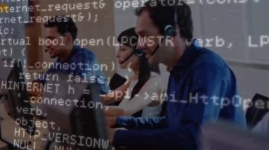 Animation of computer language, graphs, diverse customer representatives working on computer. Digital composite, multiple exposure, coding, support, teamwork, abstract and technology concept.