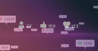 Animation of social media icons with numbers over light spots on purple background. Global social media, technology and digital interface concept digitally generated video.