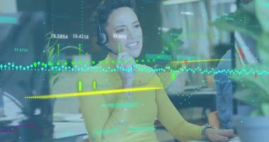 Animation of financial data processing over caucasian businesswoman working at office. Global business, finances and digital interface concept digitally generated video.