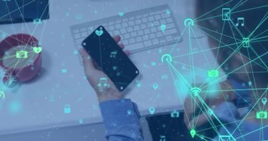 Animation of data processing over man using smartphone. Global online security, business, finance, computing and data processing concept digitally generated video.