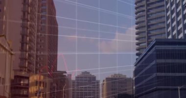 Animation of graphs and changing numbers with grid over buildings against sky in city. Digital composite, multiple exposure, report, business, growth, abstract and architecture concept.