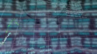 Animation of graphs and trading board over grid pattern against falling alarm clock in background. Digital composite, multiple exposure, stock market, report, time and technology concept.