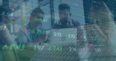 Animation of financial data processing over diverse business people using computer in office. Global business, finance, computing and data processing concept digitally generated video.