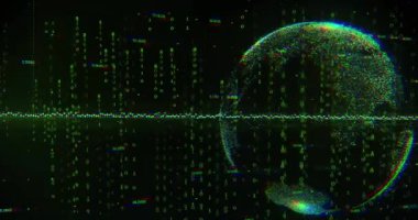 Siyah arkaplanda veri işleme ve küre animasyonu. küresel iş ve dijital arayüz kavramı dijital olarak oluşturulmuş video.