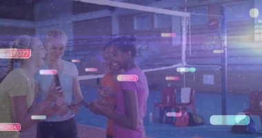 Animation of social media icons with number over diverse girls using smartphones. Global social media, technology and digital interface concept digitally generated video.
