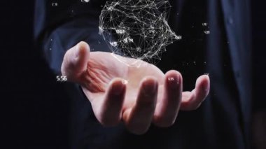 Animation of data processing over globe with numbers over man's hand. Global online security, business, finance, computing and data processing concept digitally generated video.