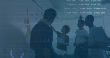 Animation of statistics and financial data processing over diverse business people. Global business, finances, computing and data processing concept digitally generated video.