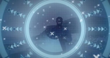 Animation of data processing over man running, exercising outdoors. Global sports, fitness, computing and data processing concept digitally generated video.