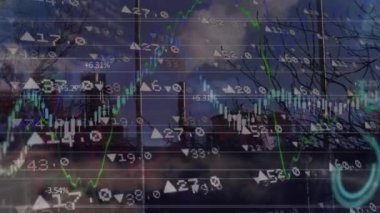 Animation of statistics and data processing over cityscape. Global business, finances, computing and data processing concept digitally generated video.