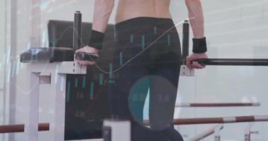 Animation of financial data processing over caucasian woman exercising in gym. Global sports, business, finance, computing and data processing concept digitally generated video.