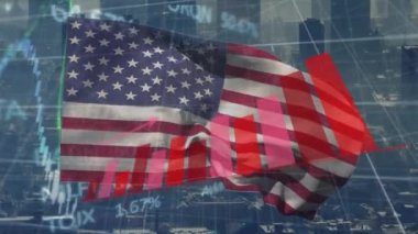 Animation of financial data processing over flag of usa and cityscape. Global business, finance, computing and data processing concept digitally generated video.