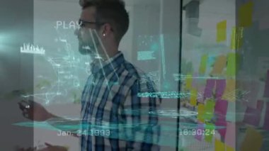 Animation of financial data processing over caucasian businessman at meeting. Global business, finances and digital interface concept digitally generated video.