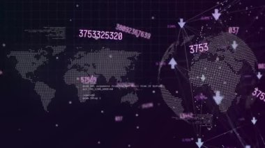 Animation of network of connections with numbers over world map and globe. Global business, finance, computing and data processing concept digitally generated video.