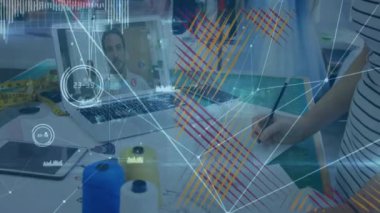 Animation of shapes moving and data processing over caucasian business people having video call. Global business and digital interface concept, digitally generated video.