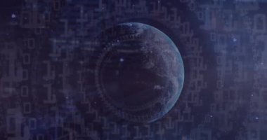 Animation of binary codes and dots over globes against space in background. Digitally generated, hologram, globalization, coding, machine learning, abstract, galaxy and technology concept.