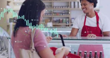 Animation of data processing over diverse shop assistant and customer shopping. Global business and digital interface concept digitally generated video.